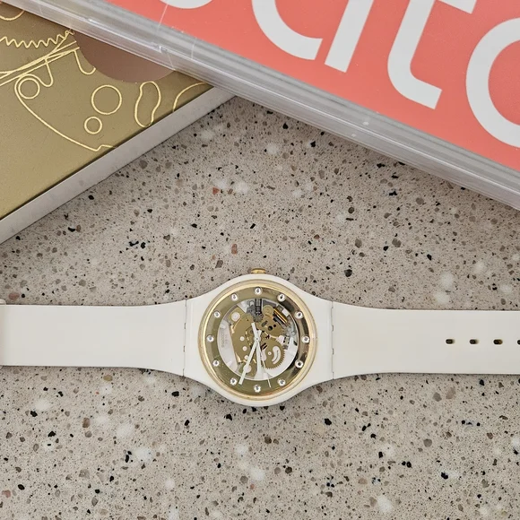 Swatch White Silicone Watch with Gold Transparent Dial and Swarovski Crystals - Picture 1 of 11